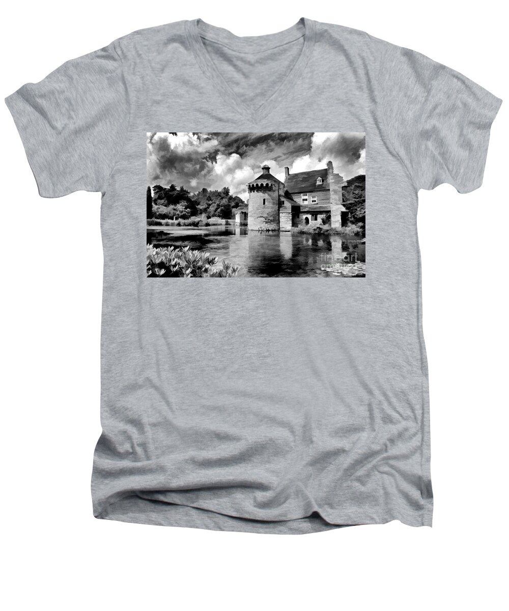 Scotney Castle Men's V-Neck T-Shirt featuring the photograph Scotney Castle in Mono by Bel Menpes
