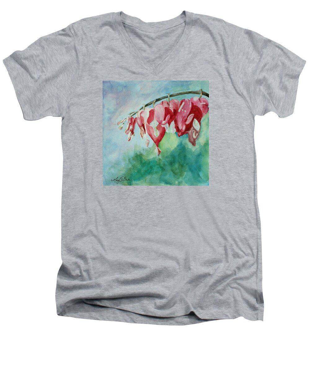 Watercolor Men's V-Neck T-Shirt featuring the painting Bleeding Hearts by Mary Benke