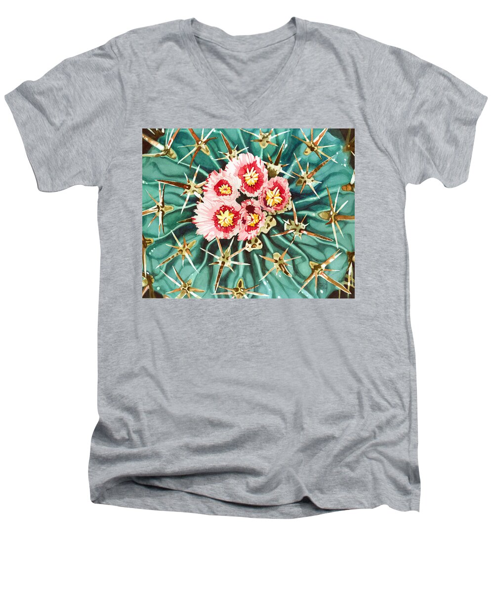 Cactus Men's V-Neck T-Shirt featuring the painting Bloomin' Horse Crippler Cactus by Pauline Walsh Jacobson