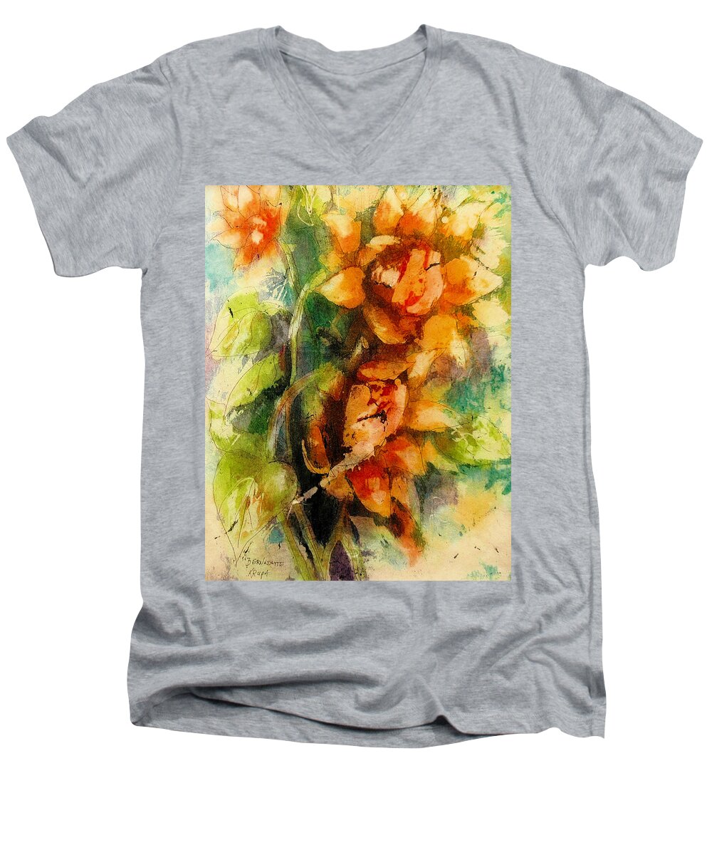 Blooming Men's V-Neck T-Shirt featuring the painting Blooming Flowers - Batik by Bernadette Krupa