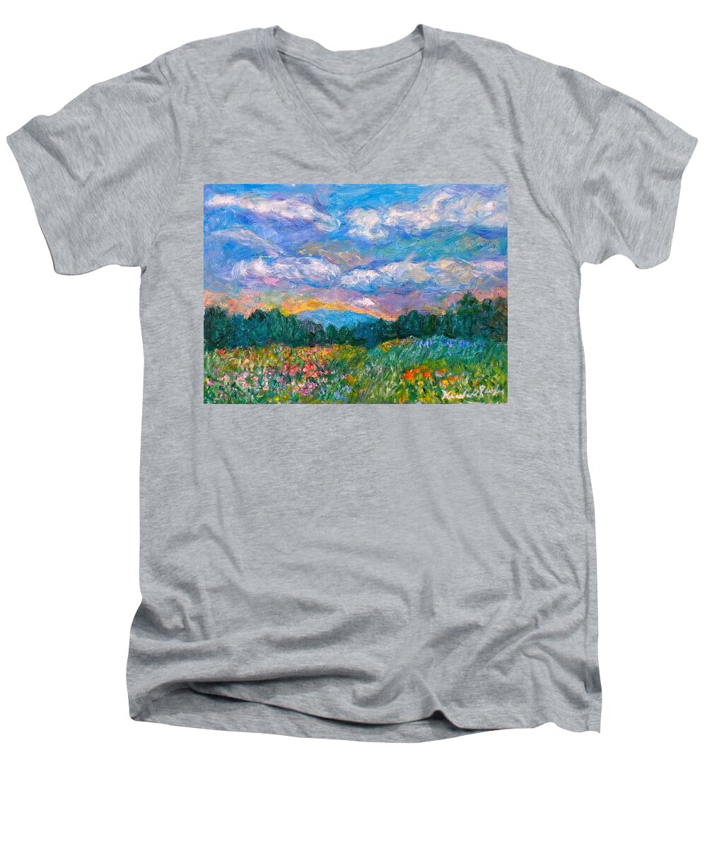 Landscape Men's V-Neck T-Shirt featuring the painting Blue Ridge Wildflowers by Kendall Kessler
