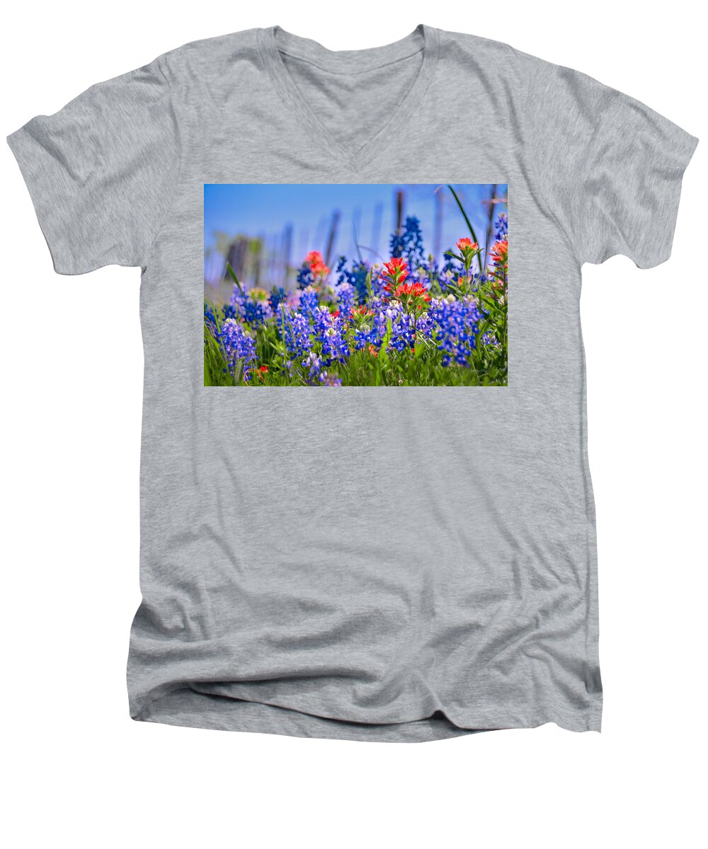 Texas Bluebonnets Men's V-Neck T-Shirt featuring the photograph Bluebonnet Paintbrush Texas - Wildflowers landscape flowers fence by Jon Holiday