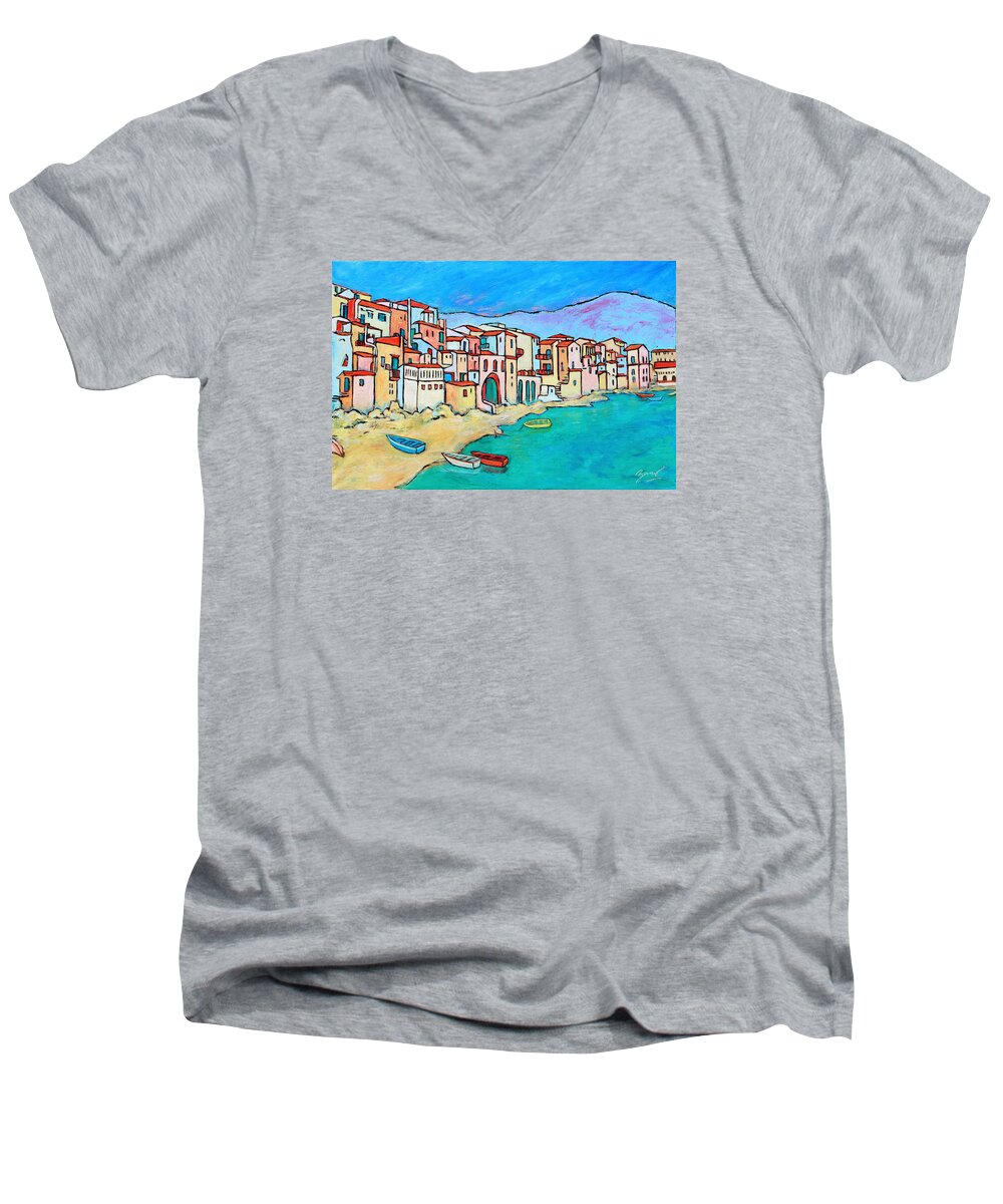 Sicily Men's V-Neck T-Shirt featuring the painting Boats In Front Of Buildings VIII by Xueling Zou
