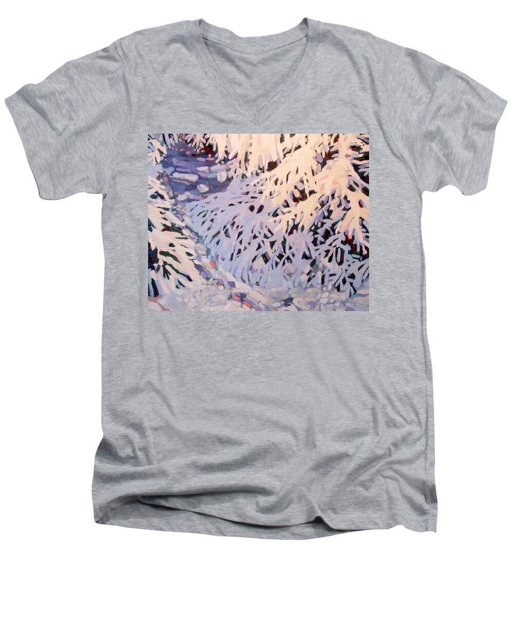 Snow Men's V-Neck T-Shirt featuring the painting Bough-zers by Phil Chadwick