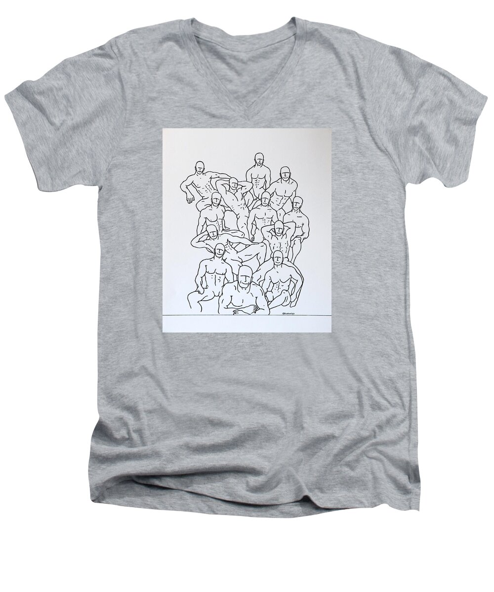 Figurative Men's V-Neck T-Shirt featuring the drawing Boys At Play #4 by Thomas Gronowski