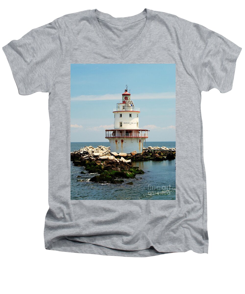 Brandywine Men's V-Neck T-Shirt featuring the photograph Brandywine Shoal Lighthouse by Nick Zelinsky Jr