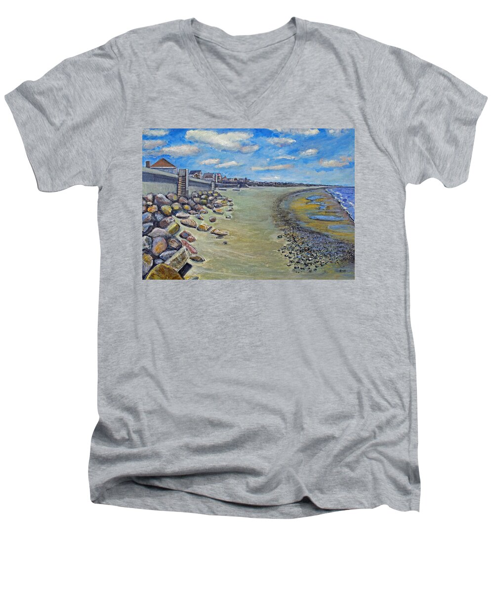 Ocean Bluff Men's V-Neck T-Shirt featuring the painting Brant Rock Beach by Rita Brown