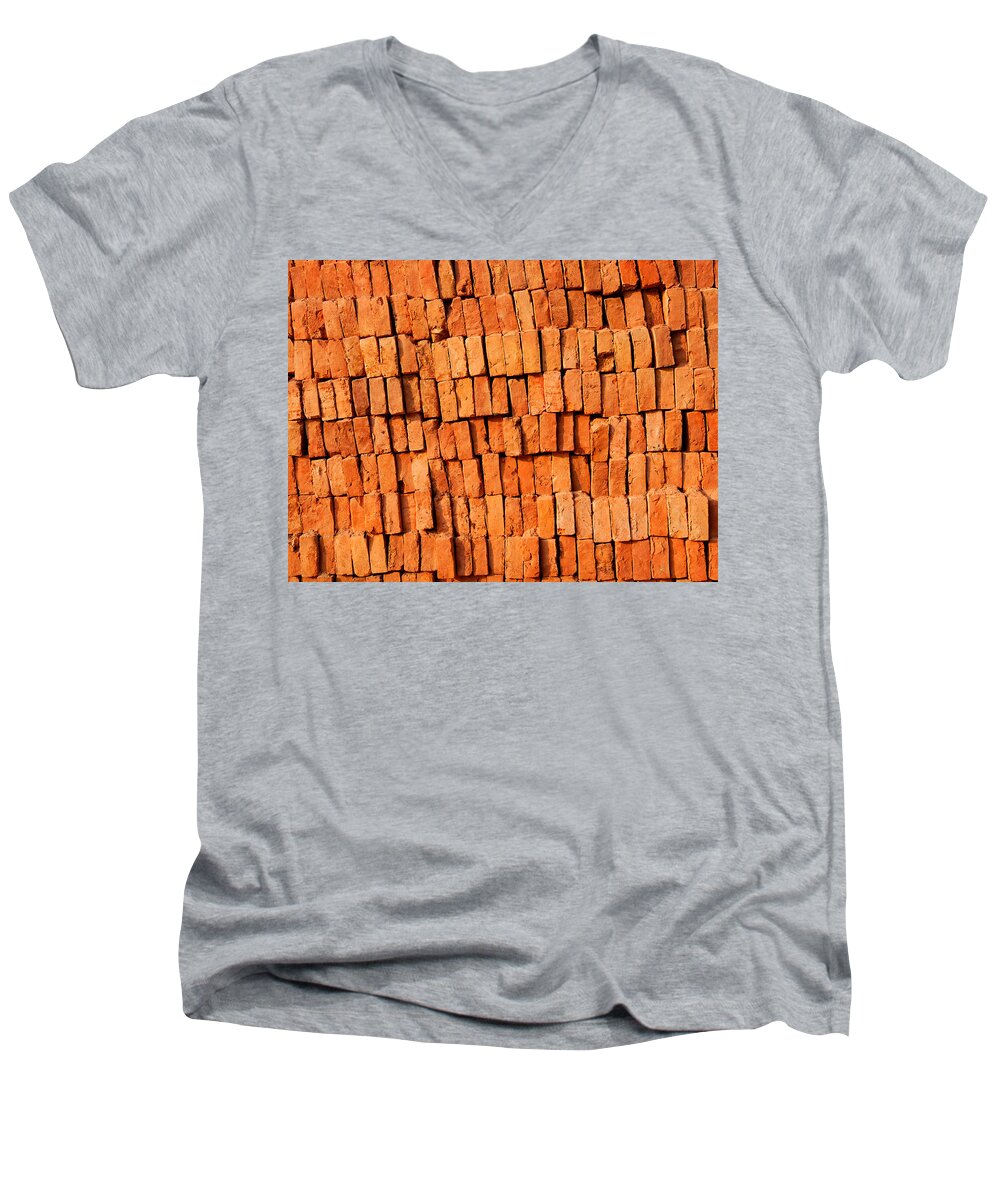 Brick Men's V-Neck T-Shirt featuring the photograph Brick stack by Dutourdumonde Photography