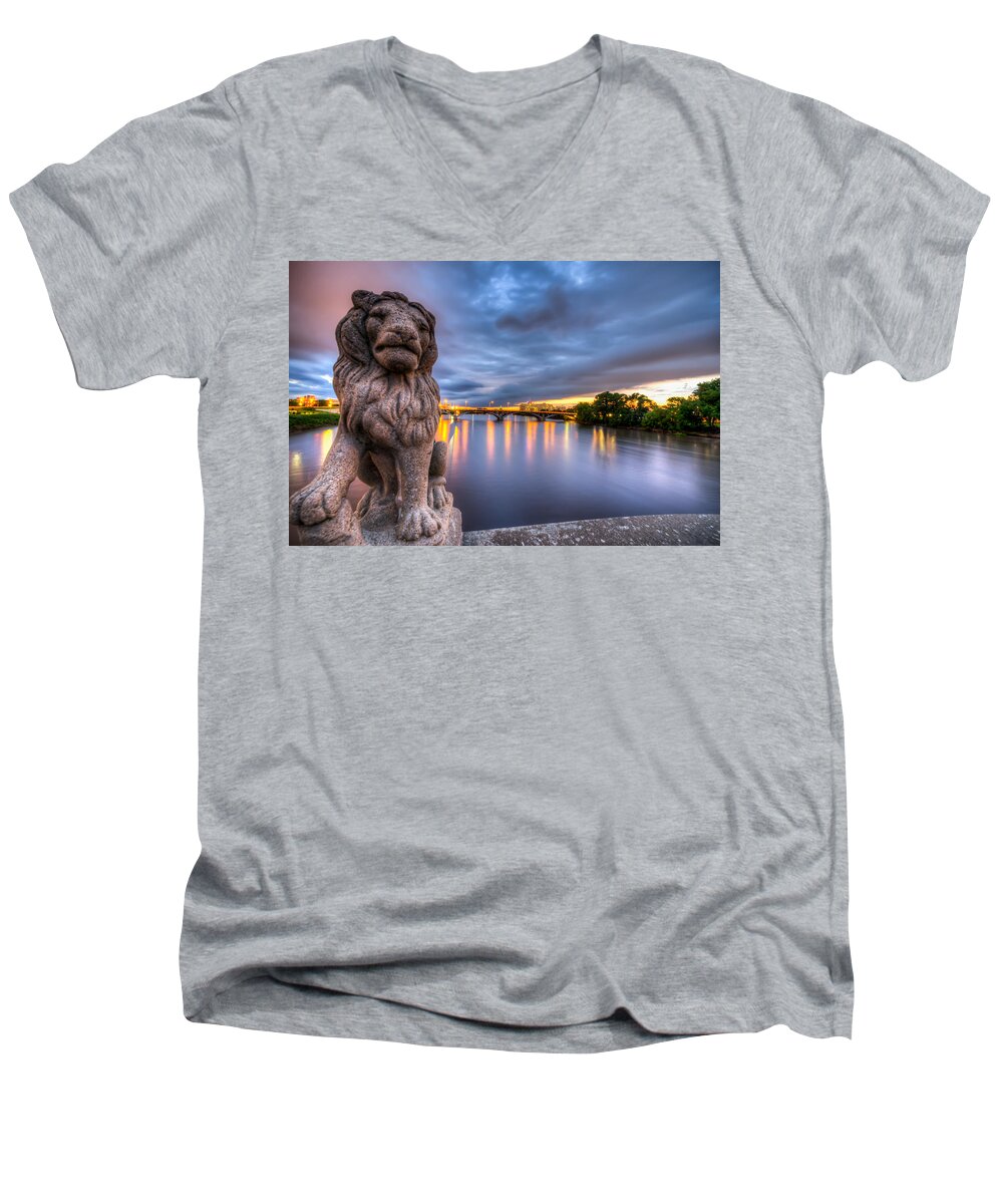 Cedar Rapids Men's V-Neck T-Shirt featuring the photograph Bridge to Czech Village in Cedar Rapids at Sunset by Anthony Doudt