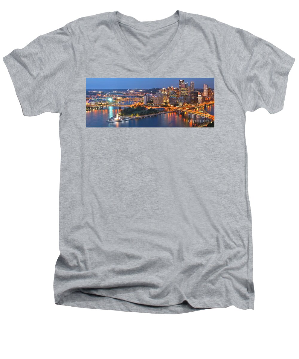 Pittsburgh Skyline Men's V-Neck T-Shirt featuring the photograph Bridge To The Pittsburgh Skyline by Adam Jewell