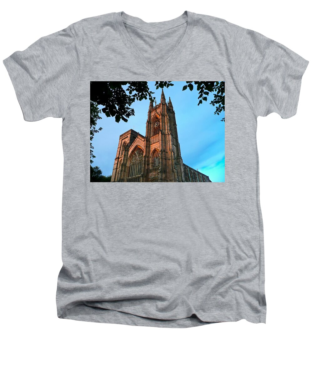 England Men's V-Neck T-Shirt featuring the photograph Bridlington Priory at sunset by Jenny Setchell