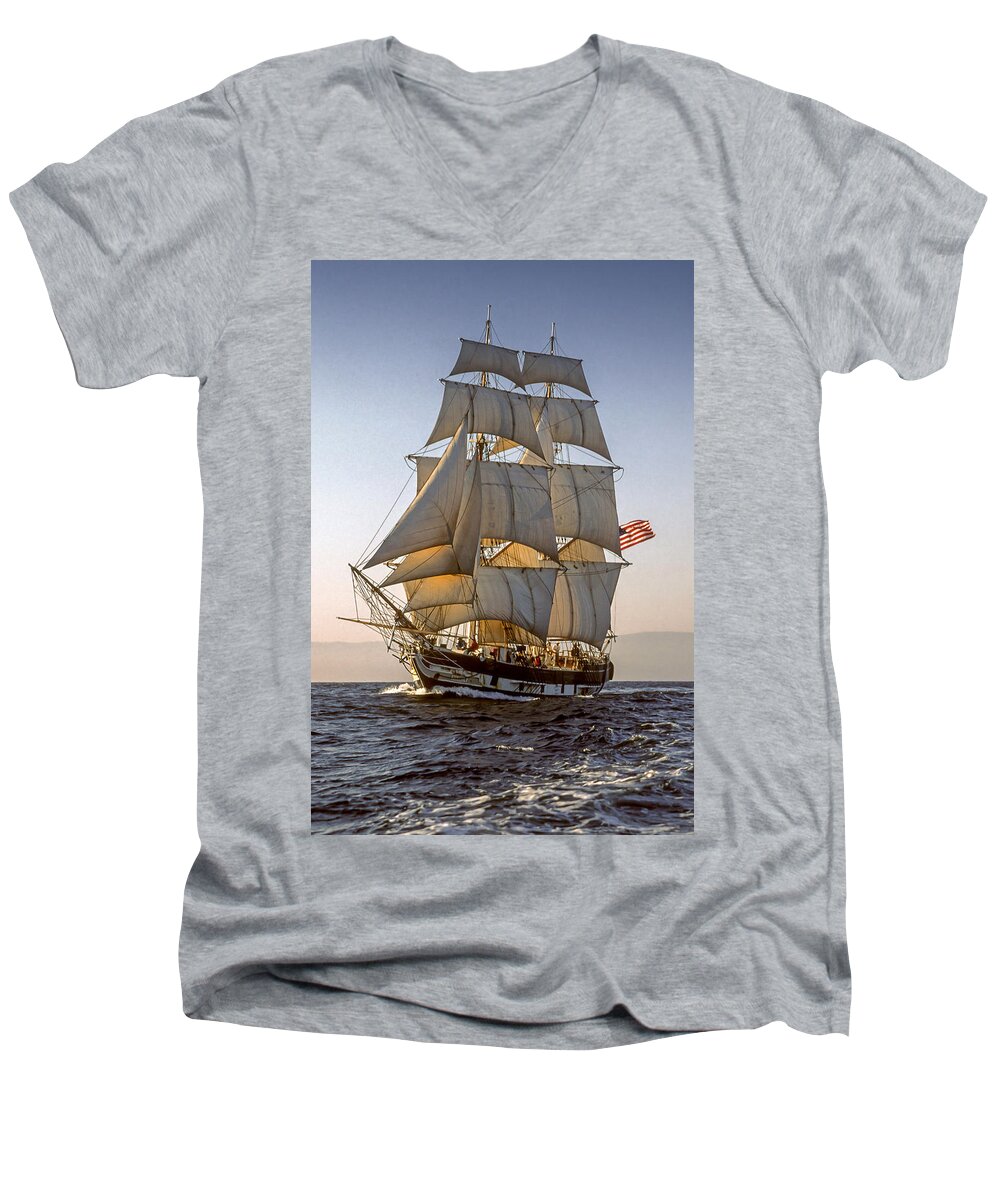 Ship Men's V-Neck T-Shirt featuring the photograph Brig Pilgrim off Santa Barbara by Cliff Wassmann