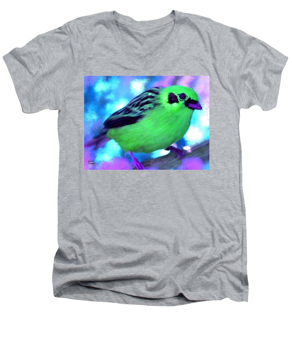 Bird Men's V-Neck T-Shirt featuring the painting Bright Green Finch by Bruce Nutting