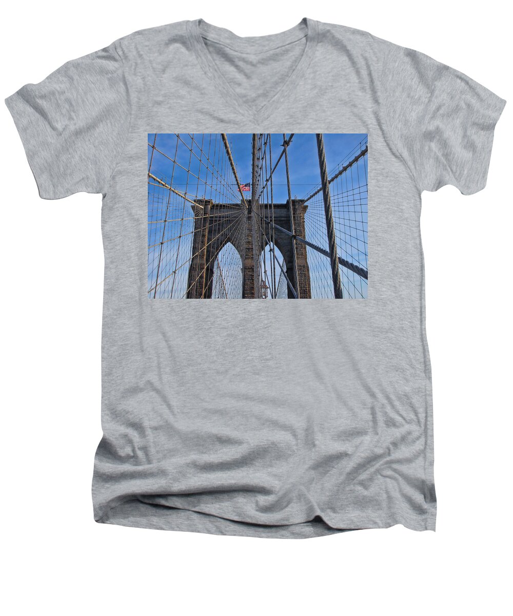 New York Men's V-Neck T-Shirt featuring the photograph Brooklyn Bridge by David Gleeson
