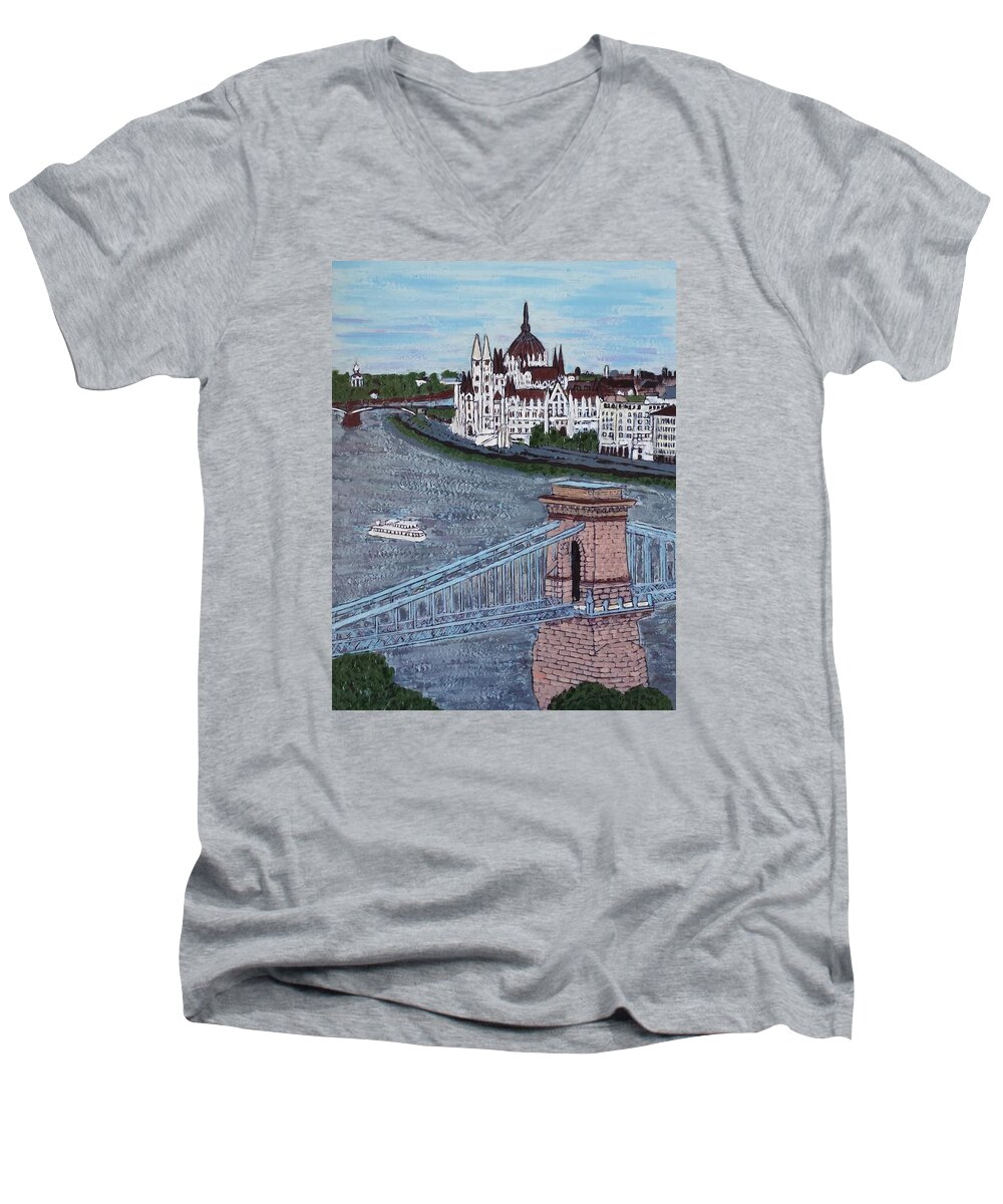 Budapest Men's V-Neck T-Shirt featuring the painting Budapest Bridge by Jasna Gopic