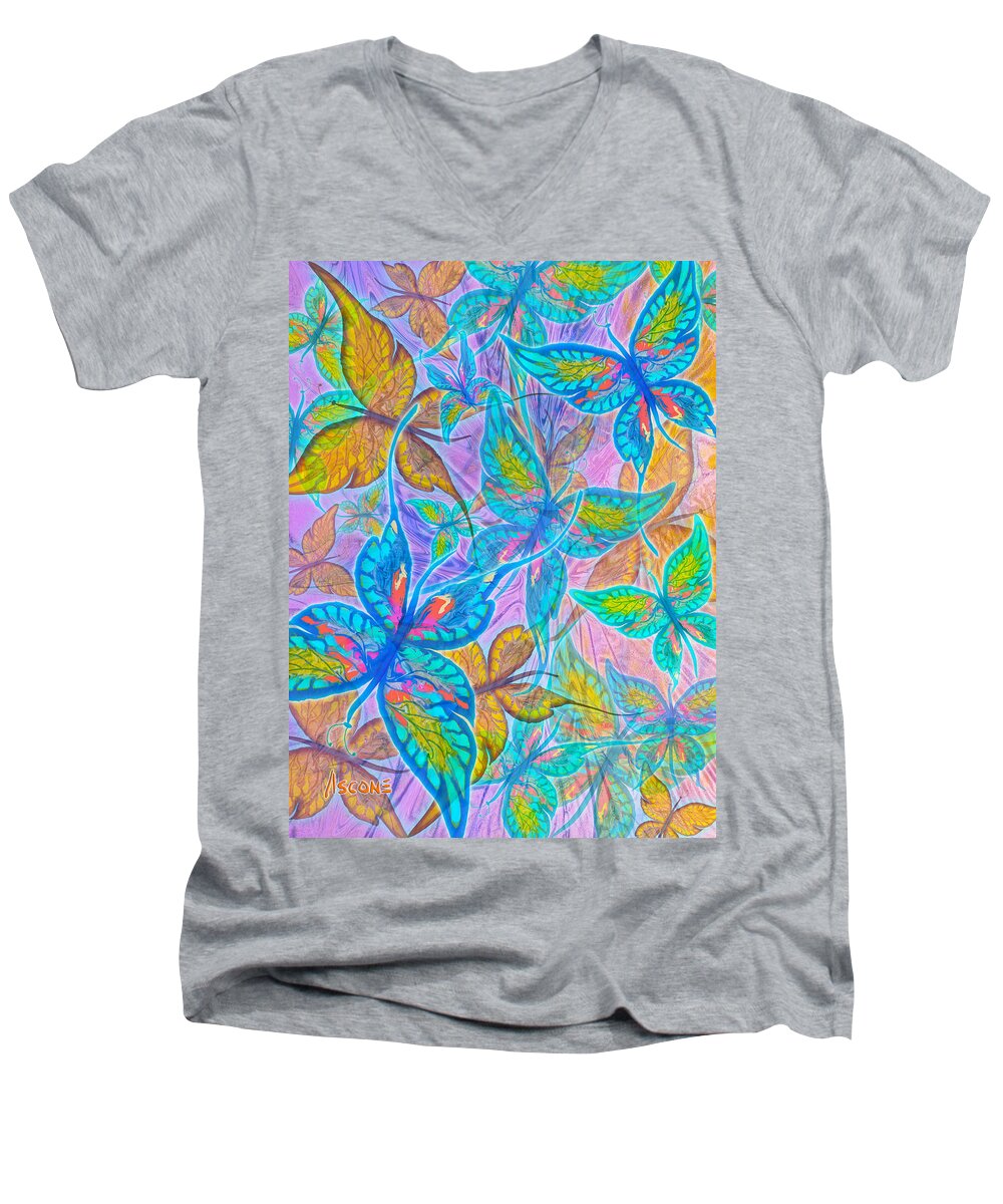 Butterflies Men's V-Neck T-Shirt featuring the mixed media Butterflies on Lilac by Teresa Ascone