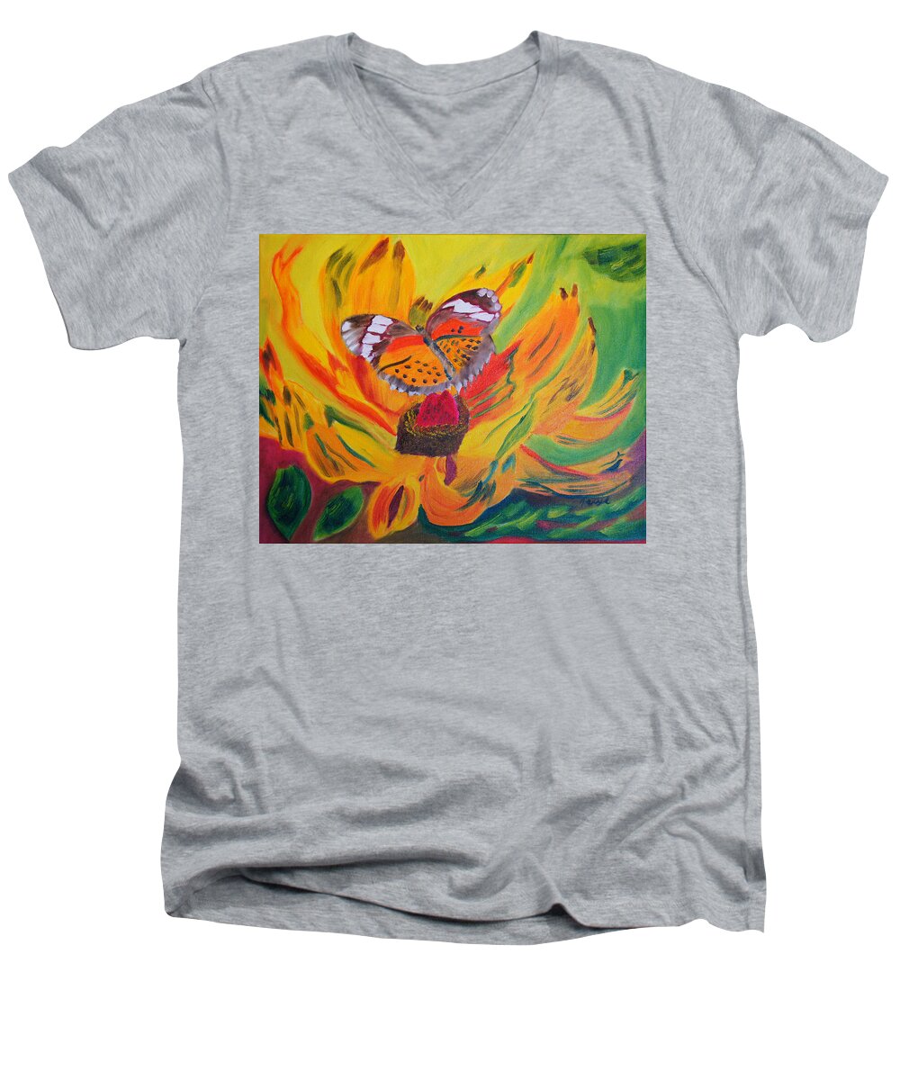 Butterfly Men's V-Neck T-Shirt featuring the painting Butterfly Jungle by Meryl Goudey