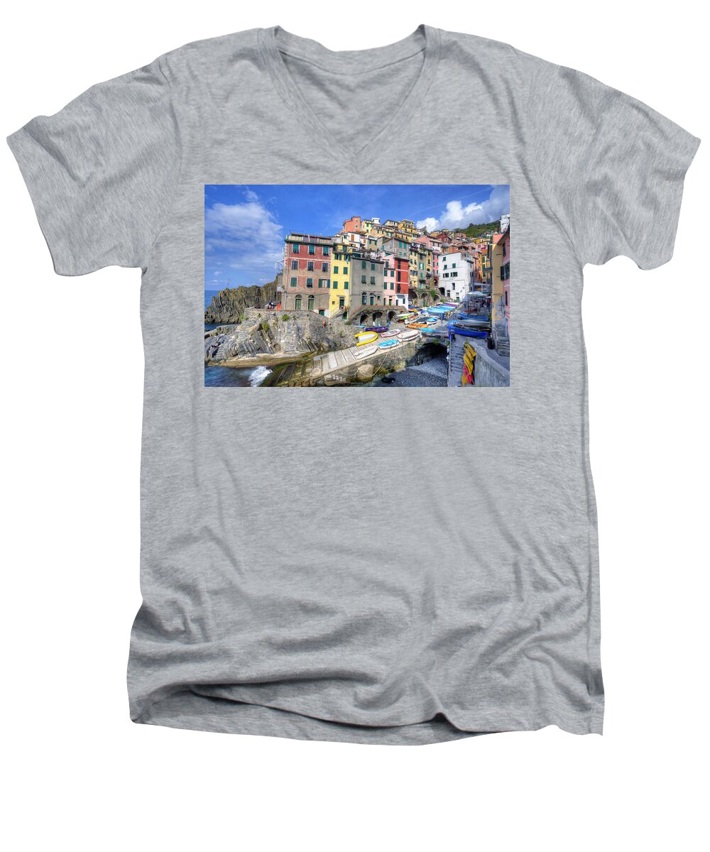 Europe Men's V-Neck T-Shirt featuring the photograph By the Harbor in Riomaggiore by Matt Swinden