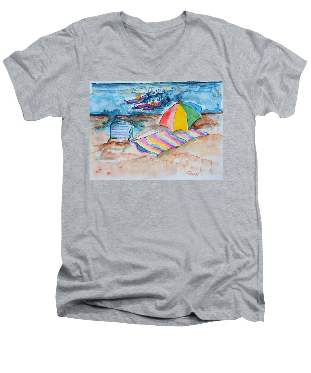 Jersey Shore Men's V-Neck T-Shirt featuring the painting By the Sea by Elaine Duras