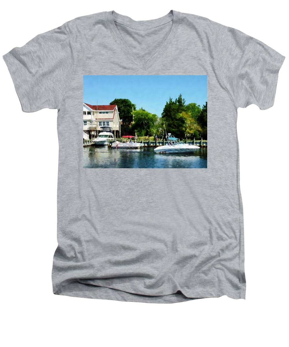 Boat Men's V-Neck T-Shirt featuring the photograph Cabin Cruisers by Susan Savad