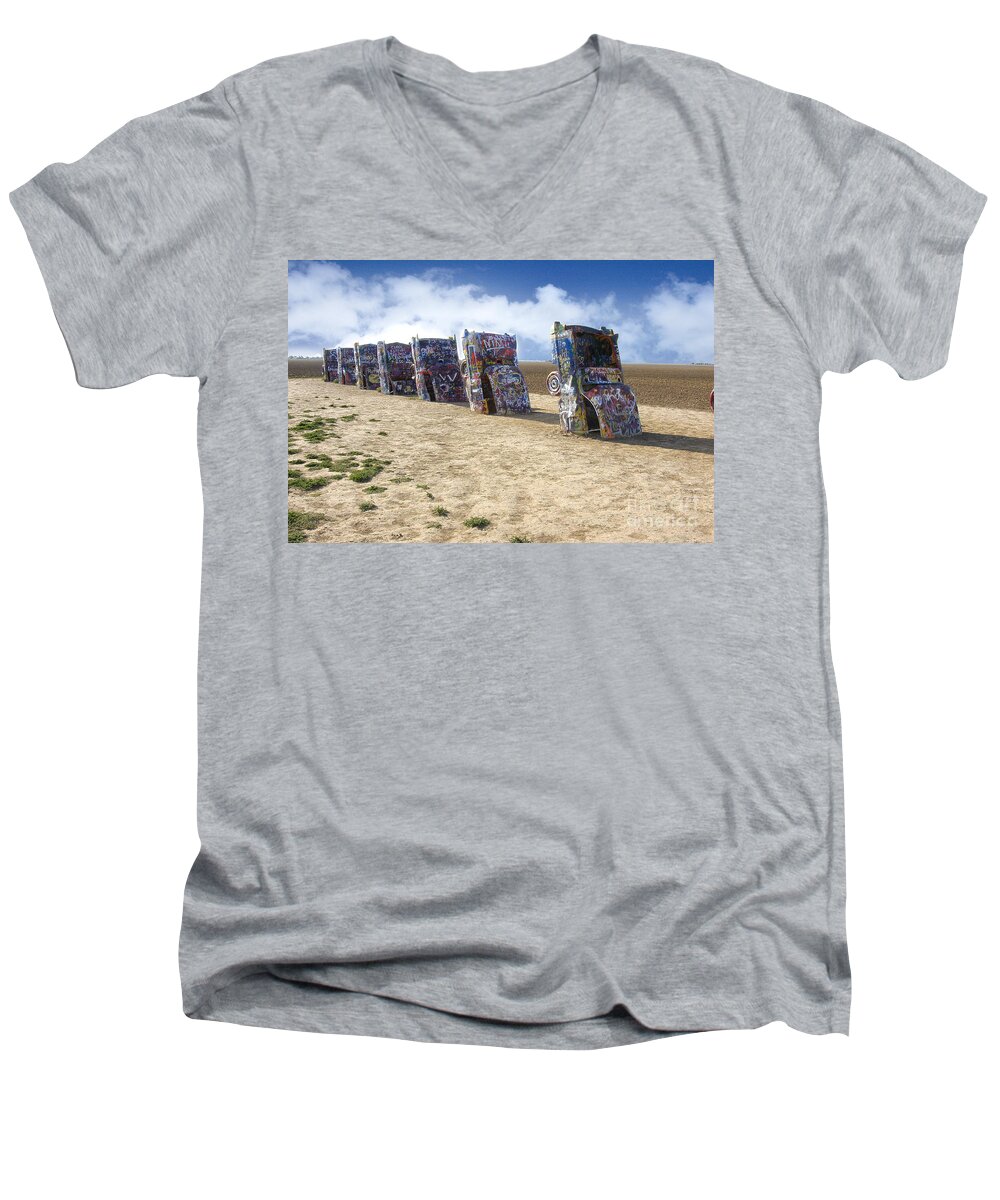 Cadillac Ranch Is A Public Art Installation And Sculpture In Amarillo Men's V-Neck T-Shirt featuring the photograph Cadillac Ranch by Greg Kopriva