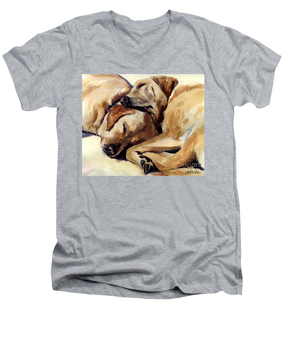 Yellow Labrador Retrievers Men's V-Neck T-Shirt featuring the painting California Dreamers by Molly Poole