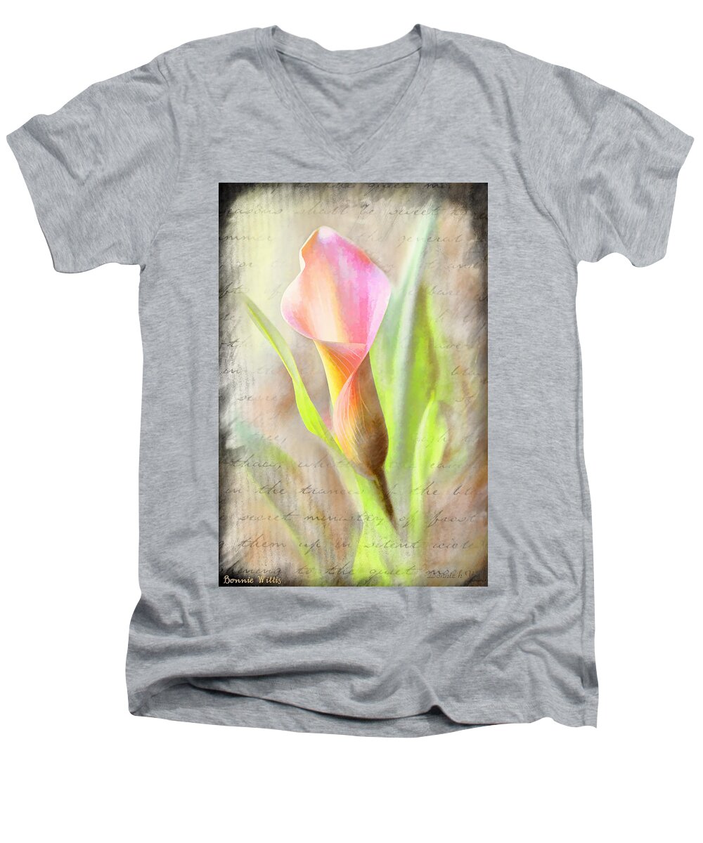 Calla Lily Men's V-Neck T-Shirt featuring the photograph Calla Lily in Pink by Bonnie Willis
