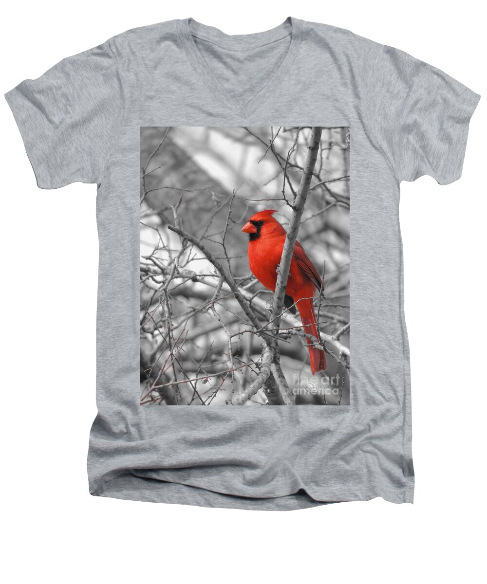 Red Cardinal Men's V-Neck T-Shirt featuring the photograph Cardinal of Hope 002sc by Robert ONeil