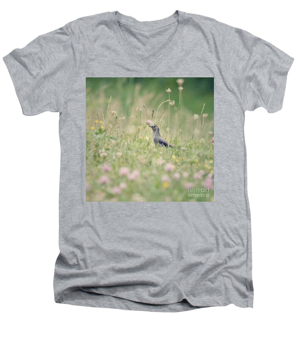 Catbird Men's V-Neck T-Shirt featuring the photograph Catbird In The Wildflowers by Kerri Farley