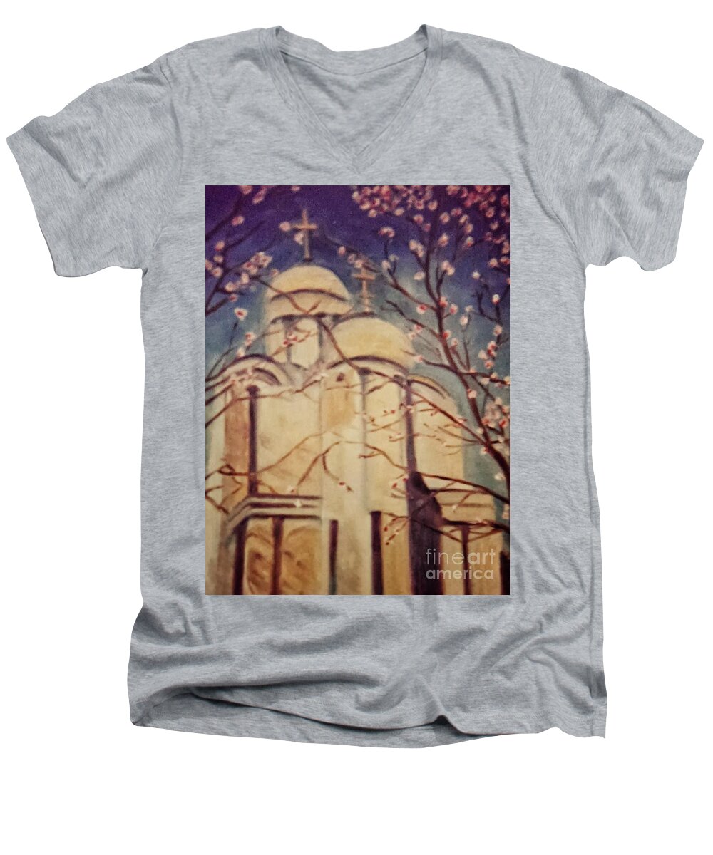 Dc Men's V-Neck T-Shirt featuring the painting Cathedral at Springtime by Karen Francis