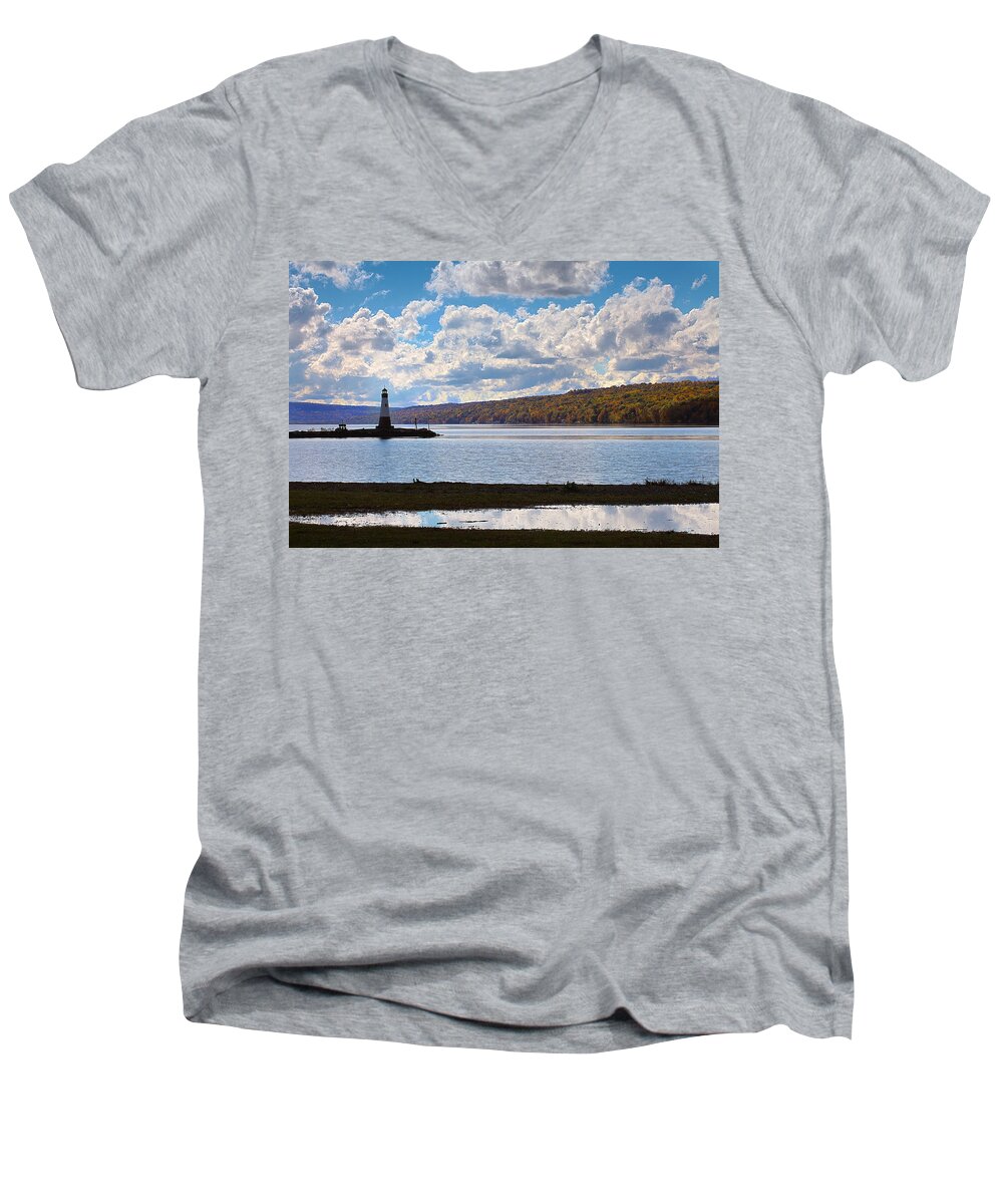 Taughannock Men's V-Neck T-Shirt featuring the photograph Cayuga Lake In Colorful Fall Ithaca New York III by Paul Ge