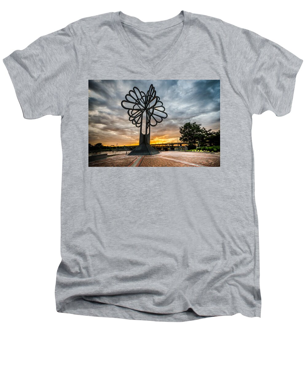 Cedar Rapids Men's V-Neck T-Shirt featuring the photograph Cedar Rapids Five Seasons Tree at Sunset by Anthony Doudt