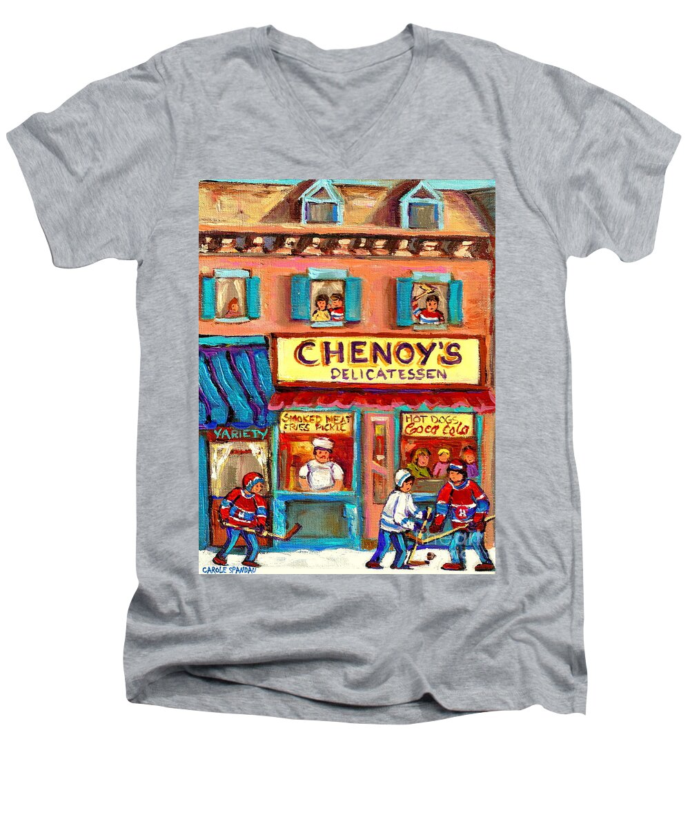Paintings Of Chenoy's Deli Montreal Restaurants Men's V-Neck T-Shirt featuring the painting Chenoys Delicatessen Montreal Landmarks Painting Carole Spandau Street Scene Specialist Artist by Carole Spandau