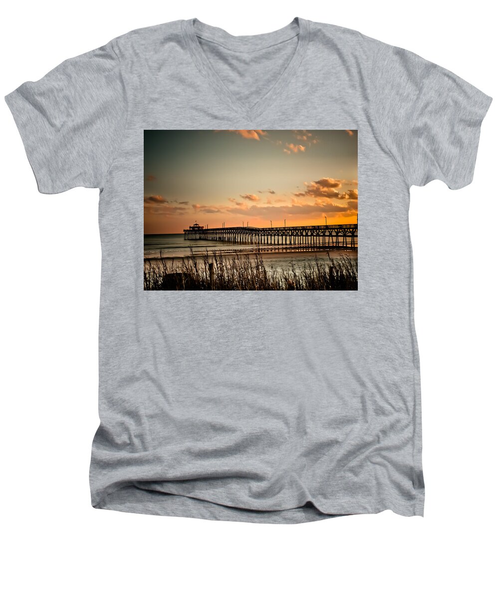 Cherry Grove Men's V-Neck T-Shirt featuring the photograph Cherry Grove Pier Myrtle Beach SC by Trish Tritz