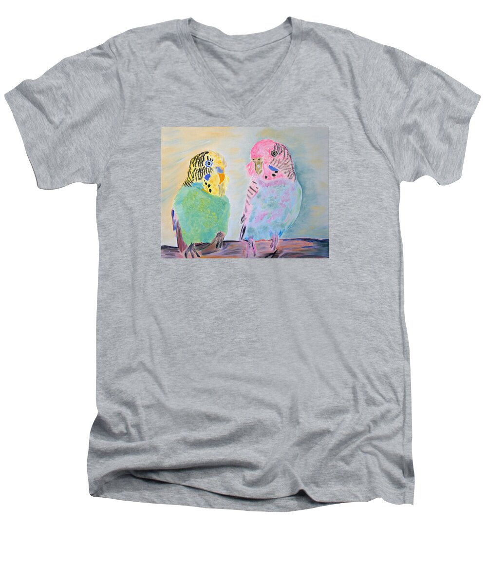 Parakeets Men's V-Neck T-Shirt featuring the painting Childhood Parakeets by Meryl Goudey