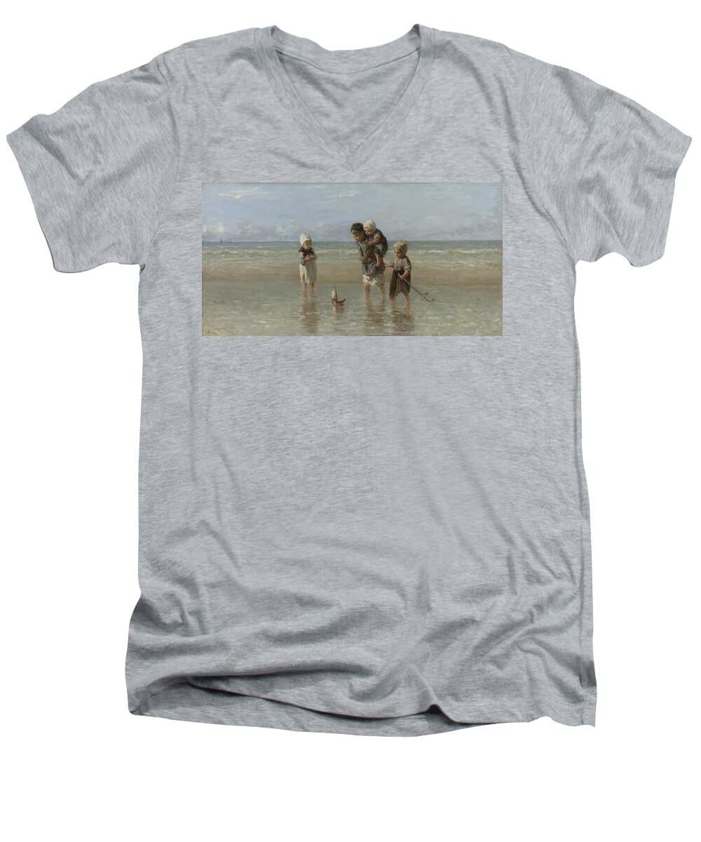 Israels Men's V-Neck T-Shirt featuring the painting Children of the Sea by Jozef Israels