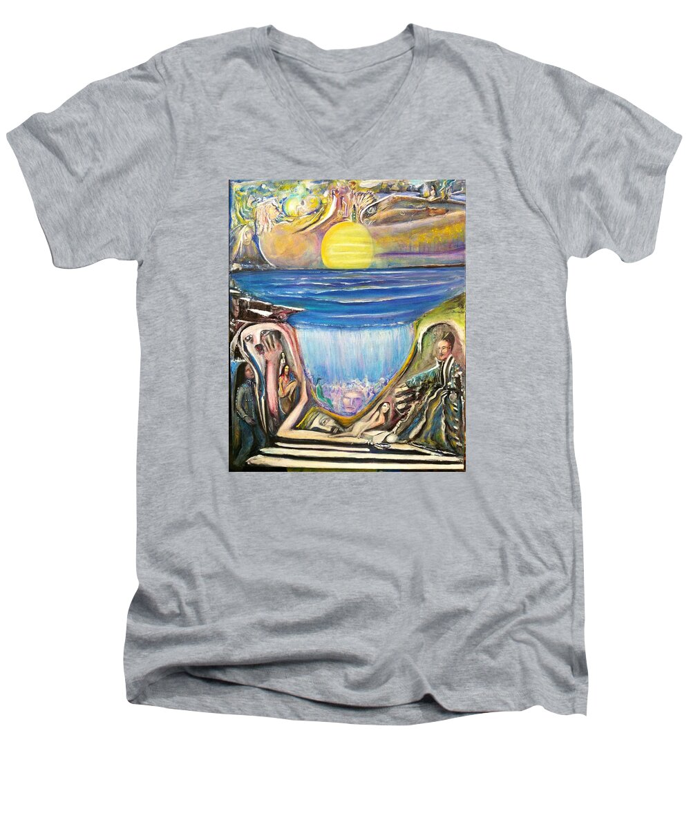Landscape Men's V-Neck T-Shirt featuring the painting Children Walking on the Sun and Visiting Earth by Kicking Bear Productions