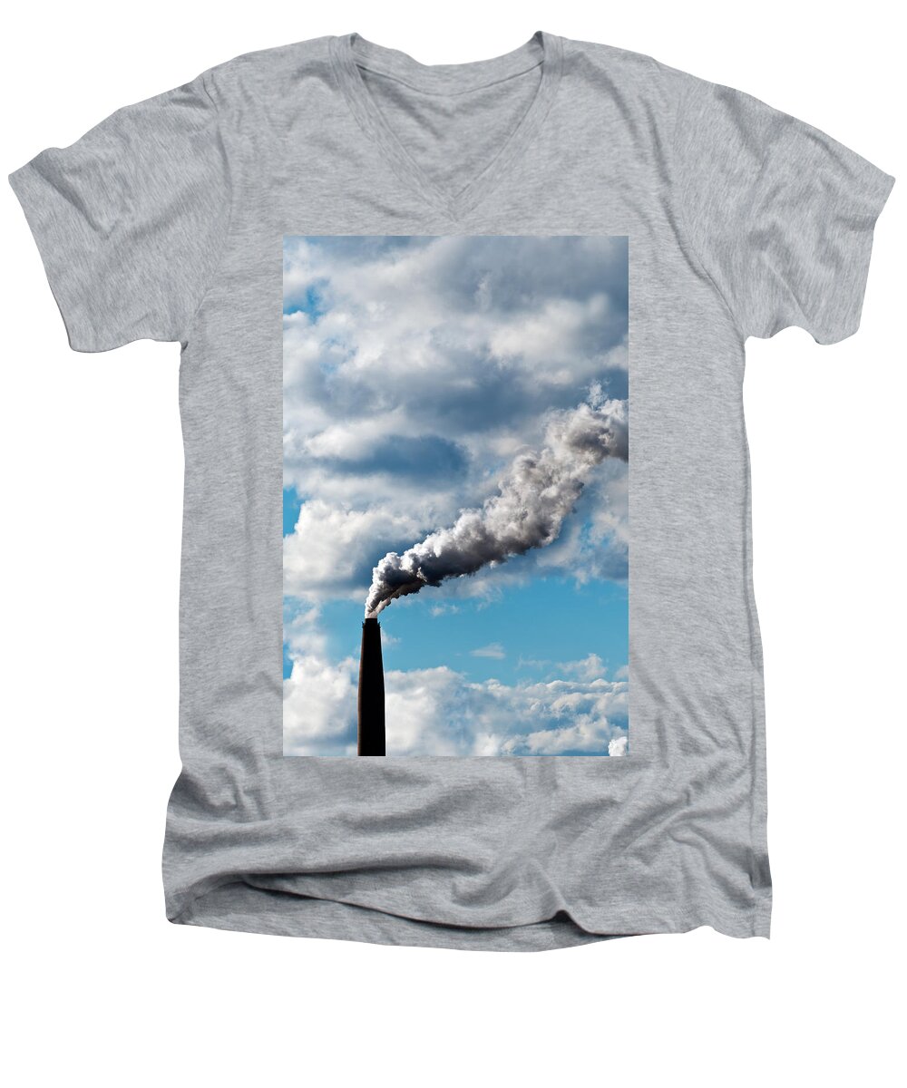Air Men's V-Neck T-Shirt featuring the photograph Chimney exhaust waste amount of CO2 into the atmosphere by U Schade