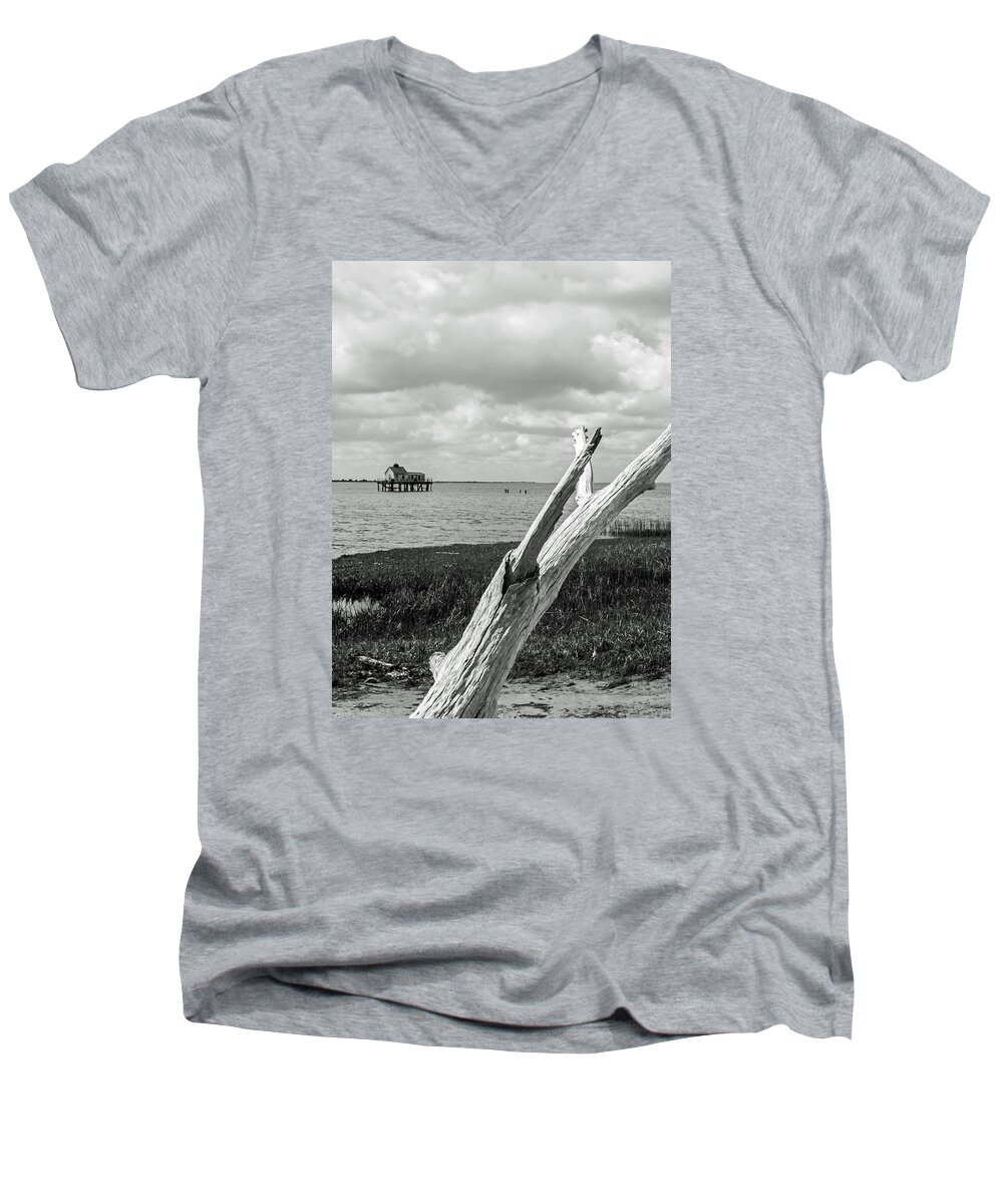 Assateague Men's V-Neck T-Shirt featuring the photograph Chincoteague Oystershack BW Vertical by Photographic Arts And Design Studio