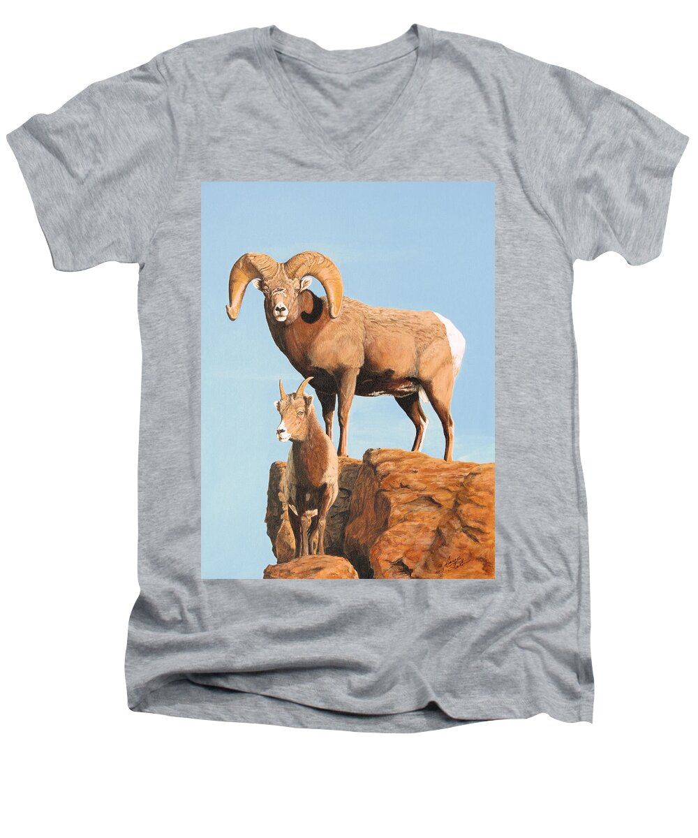 Rocky Mountain Bighorn Ram Men's V-Neck T-Shirt featuring the painting Chip by Darcy Tate