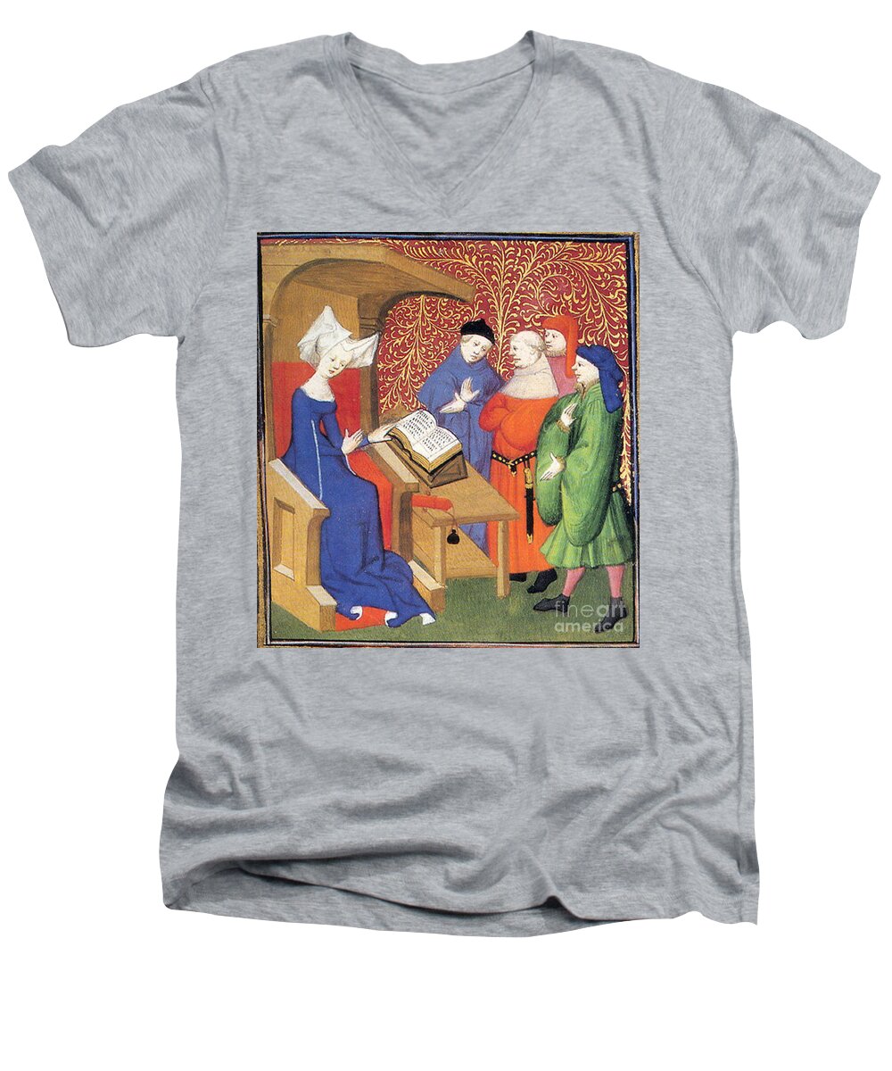 Historic Men's V-Neck T-Shirt featuring the photograph Christine De Pizan Lecturing To Men by Photo Researchers