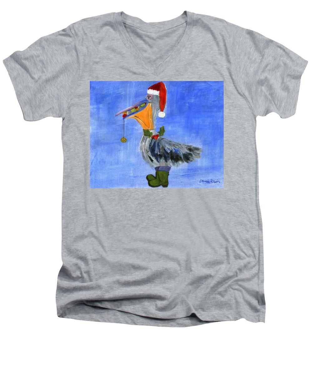 Ornament Men's V-Neck T-Shirt featuring the painting Christmas Pelican by Jamie Frier