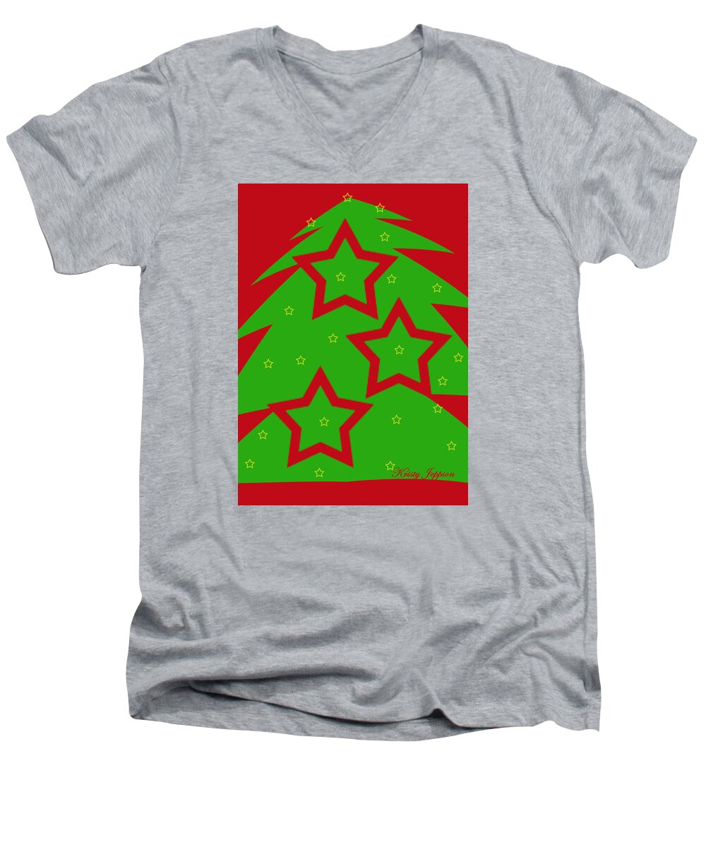Digital Men's V-Neck T-Shirt featuring the digital art Christmas Tree Stars by Kristy Jeppson