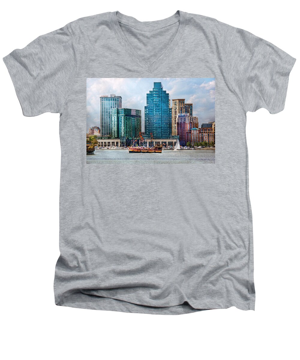 Maryland Men's V-Neck T-Shirt featuring the photograph City - Baltimore MD - Harbor east by Mike Savad