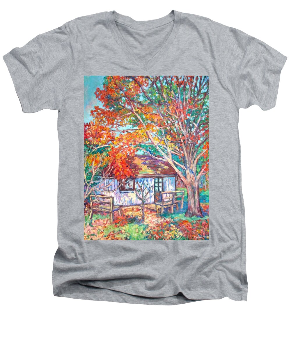 Claytor Lake Men's V-Neck T-Shirt featuring the painting Claytor Lake Cabin in Fall by Kendall Kessler