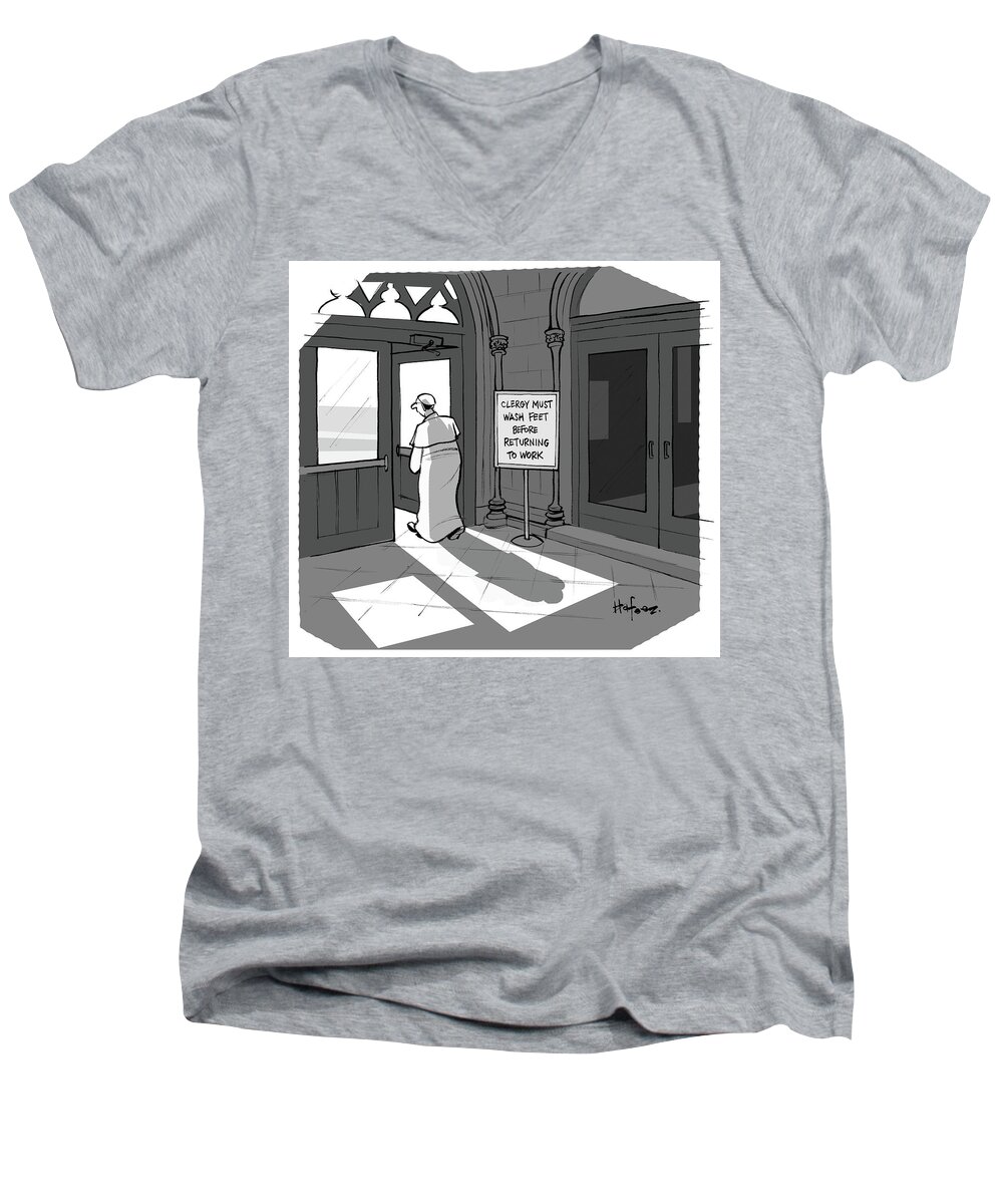 Clergy Must Wash Feet Before Returning To Work Men's V-Neck T-Shirt featuring the drawing Clergy Must Wash Feet Before Returning To Work by Kaamran Hafeez