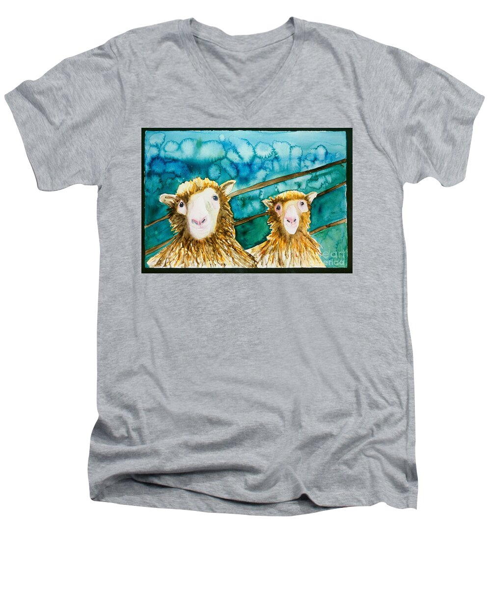 Sheep Men's V-Neck T-Shirt featuring the painting Cloning Around by Sherry Harradence