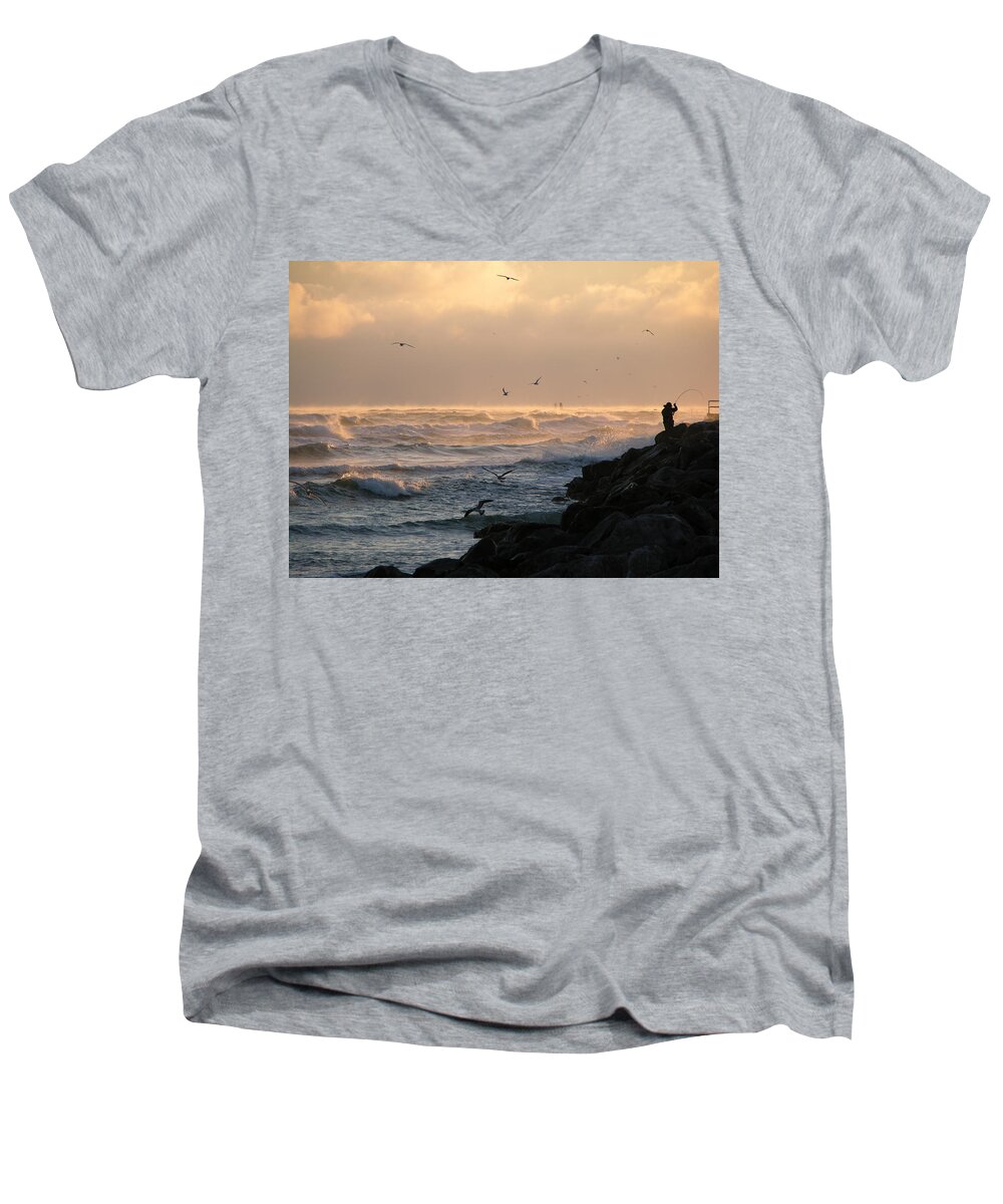Fishing Prints Men's V-Neck T-Shirt featuring the photograph Cold November Sunrise With Birds And Fisherman by Julianne Felton