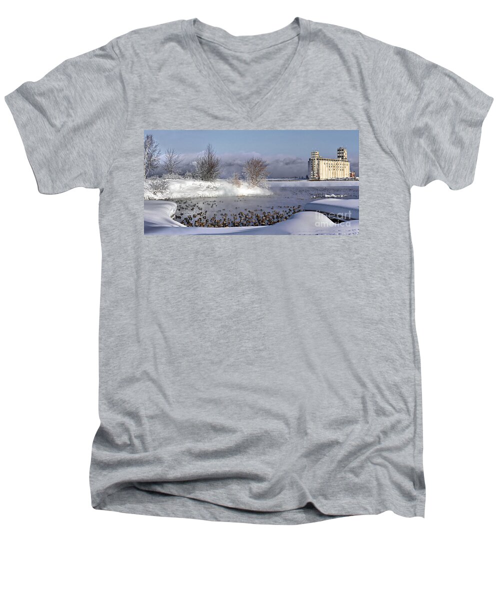 Winter Men's V-Neck T-Shirt featuring the photograph Collingwood Terminal Building in Winter by Andrea Kollo