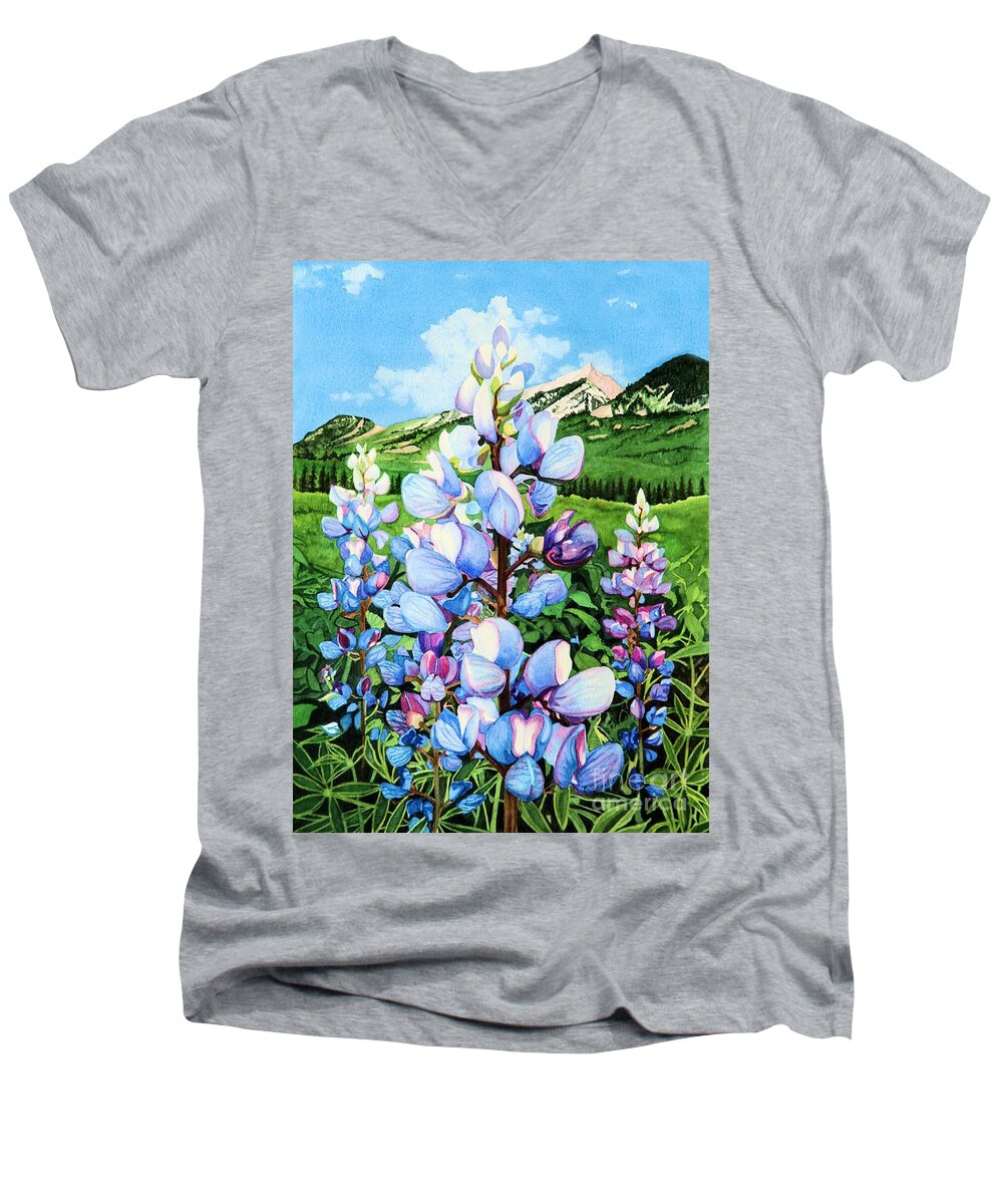 Flowers Men's V-Neck T-Shirt featuring the painting Colorado Summer Blues by Barbara Jewell